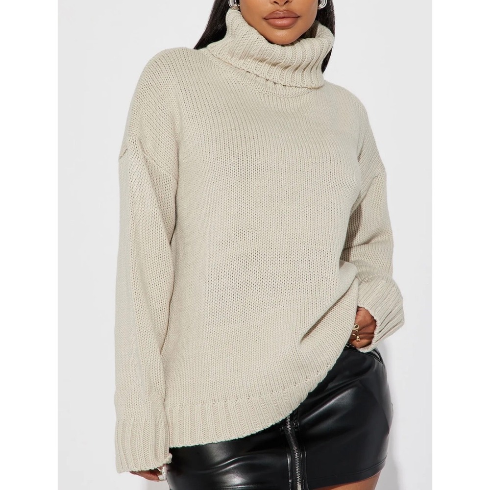 Fashion Nova Oatmeal Beige‎ Chunky Knit Turtleneck Oversized Sweater NEW